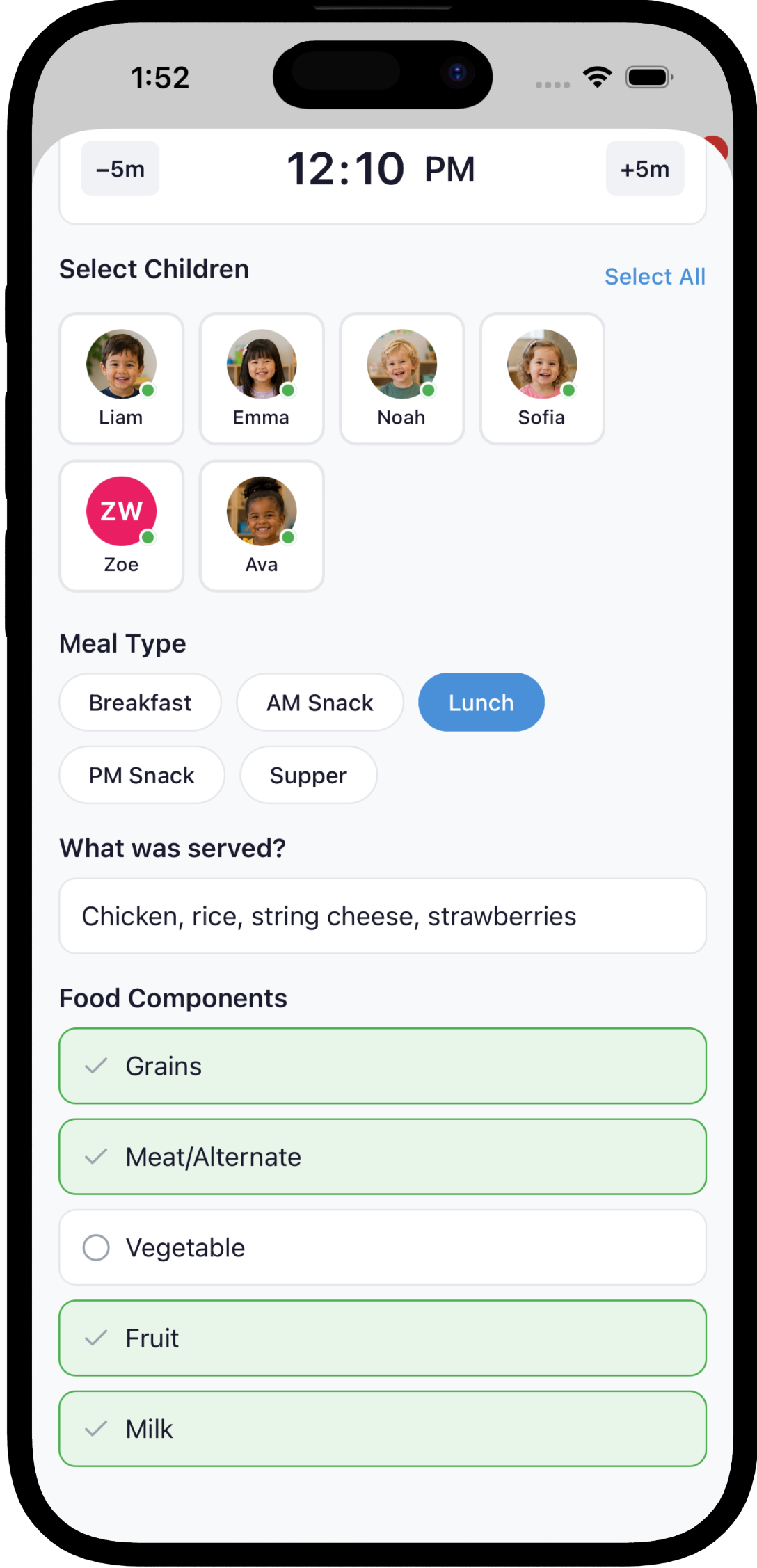 PlayDay CACFP meal log screenshot